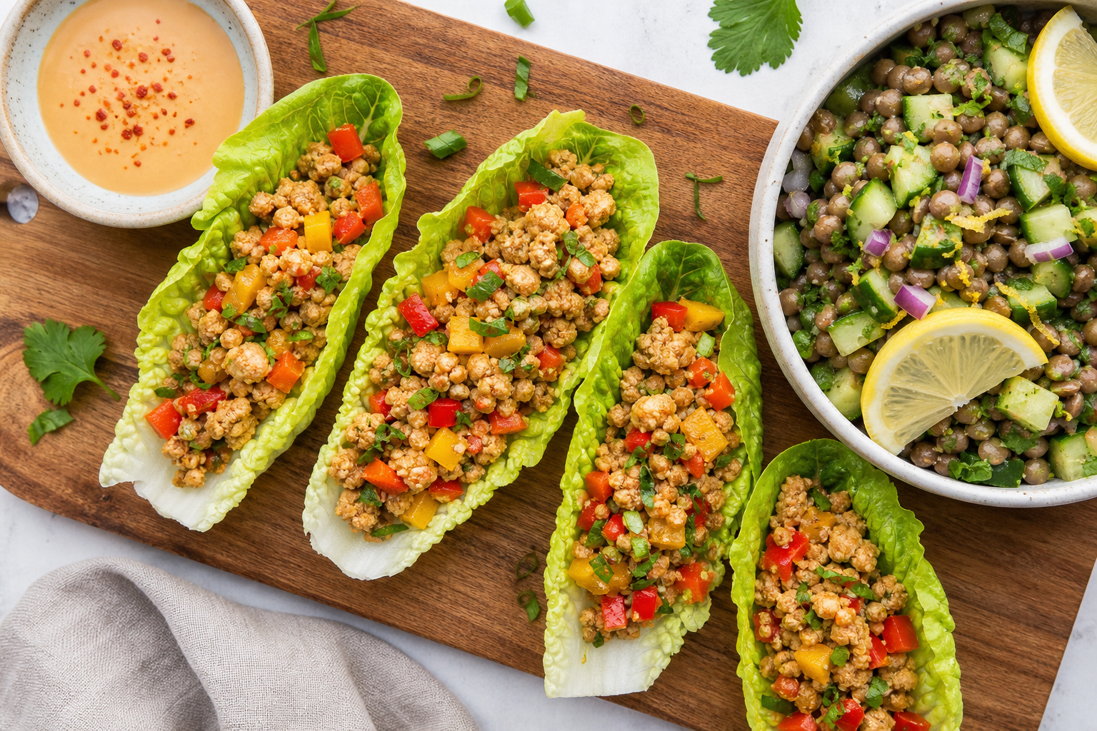 Chicken lettuce wraps with lentil salad
