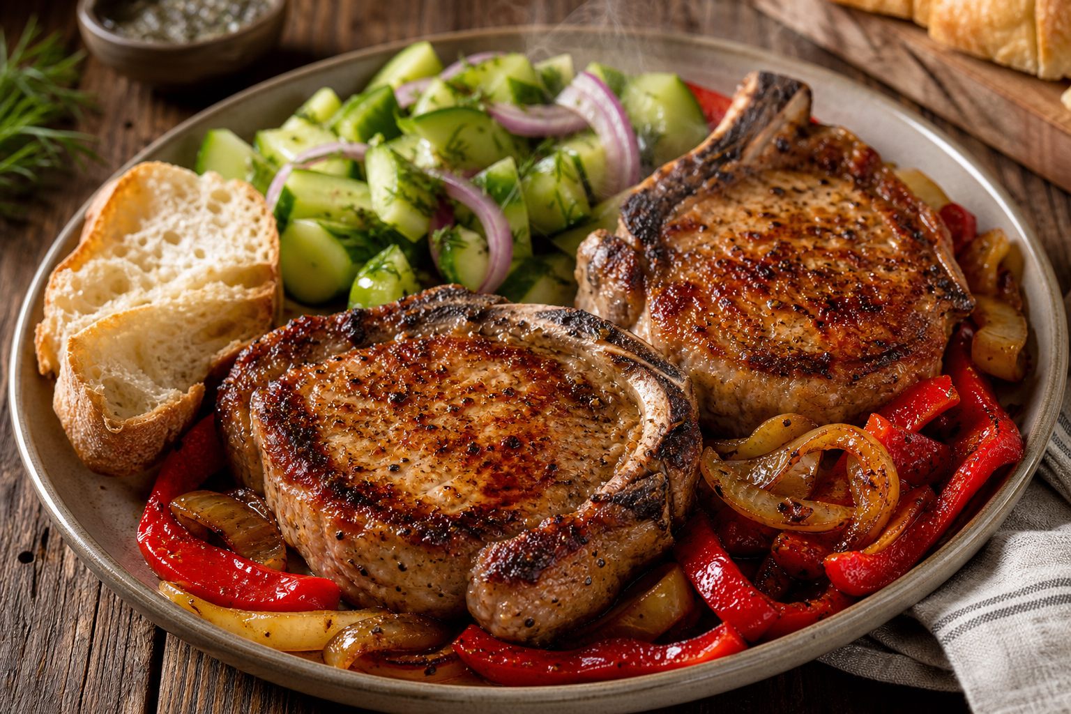 Pan-seared pork chops with roasted peppers and cucumber salad