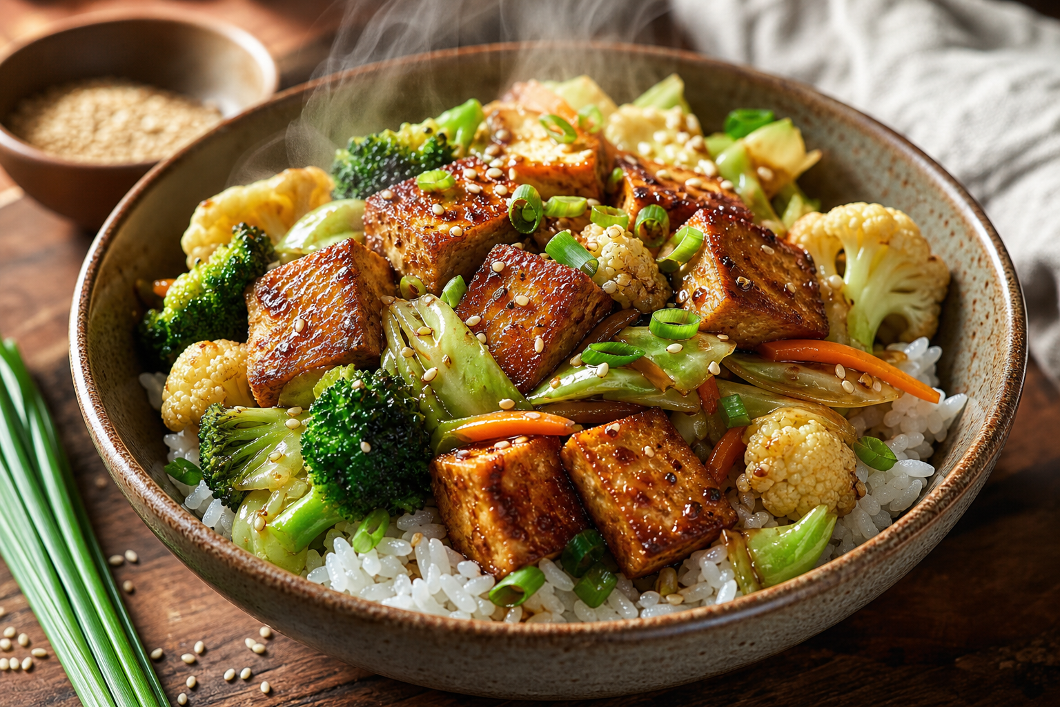 Tofu sauté au brocoli, chou-fleur et chou vert servi sur du riz