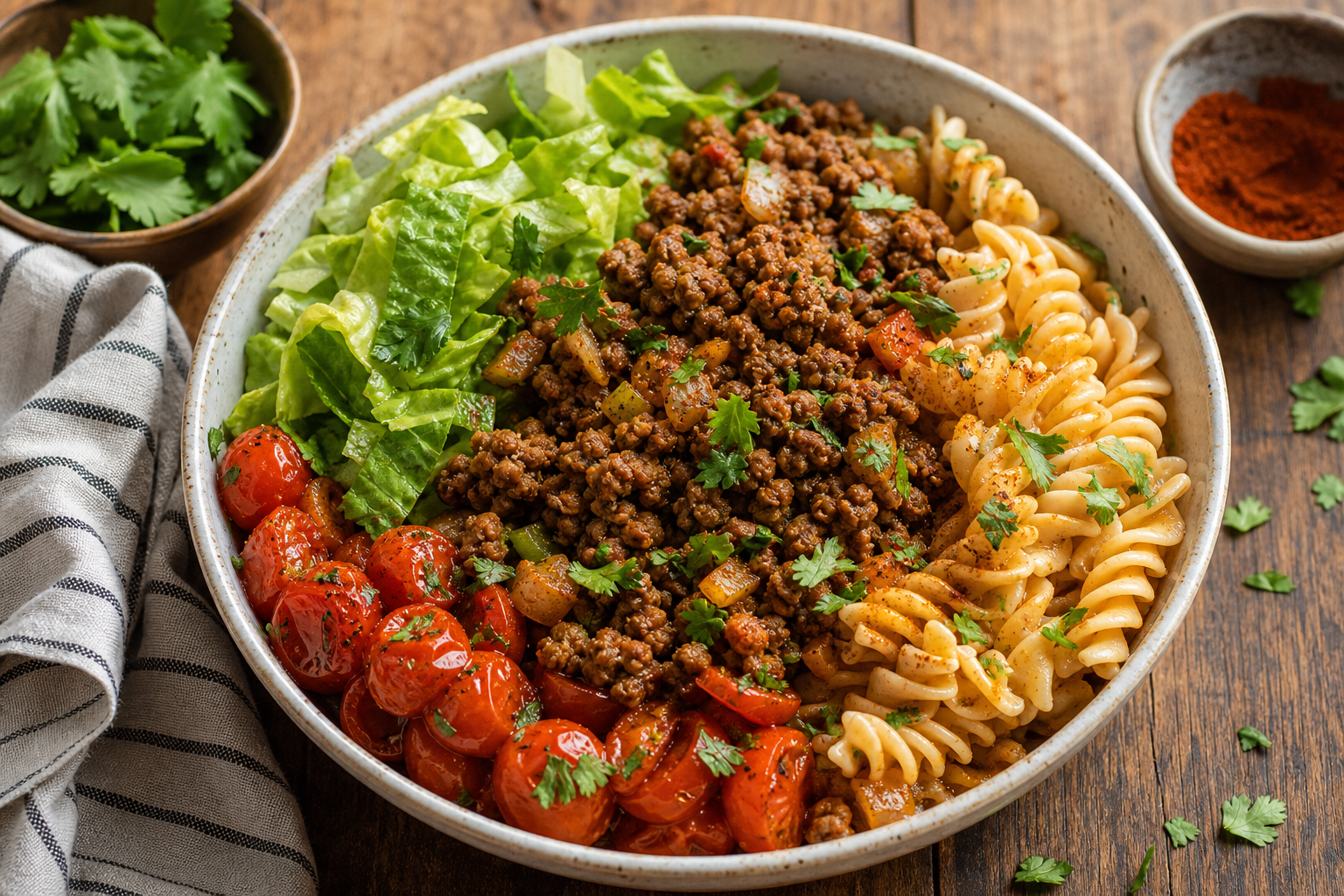 Bol de porc haché avec tomates rôties, laitue et pâtes